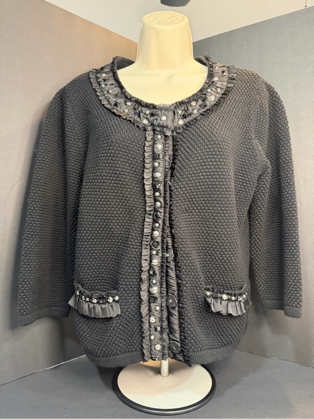 Ruby Rd. Black Embellished Knit Cardigan with Ruffle Trim - Picture 2 of 6
